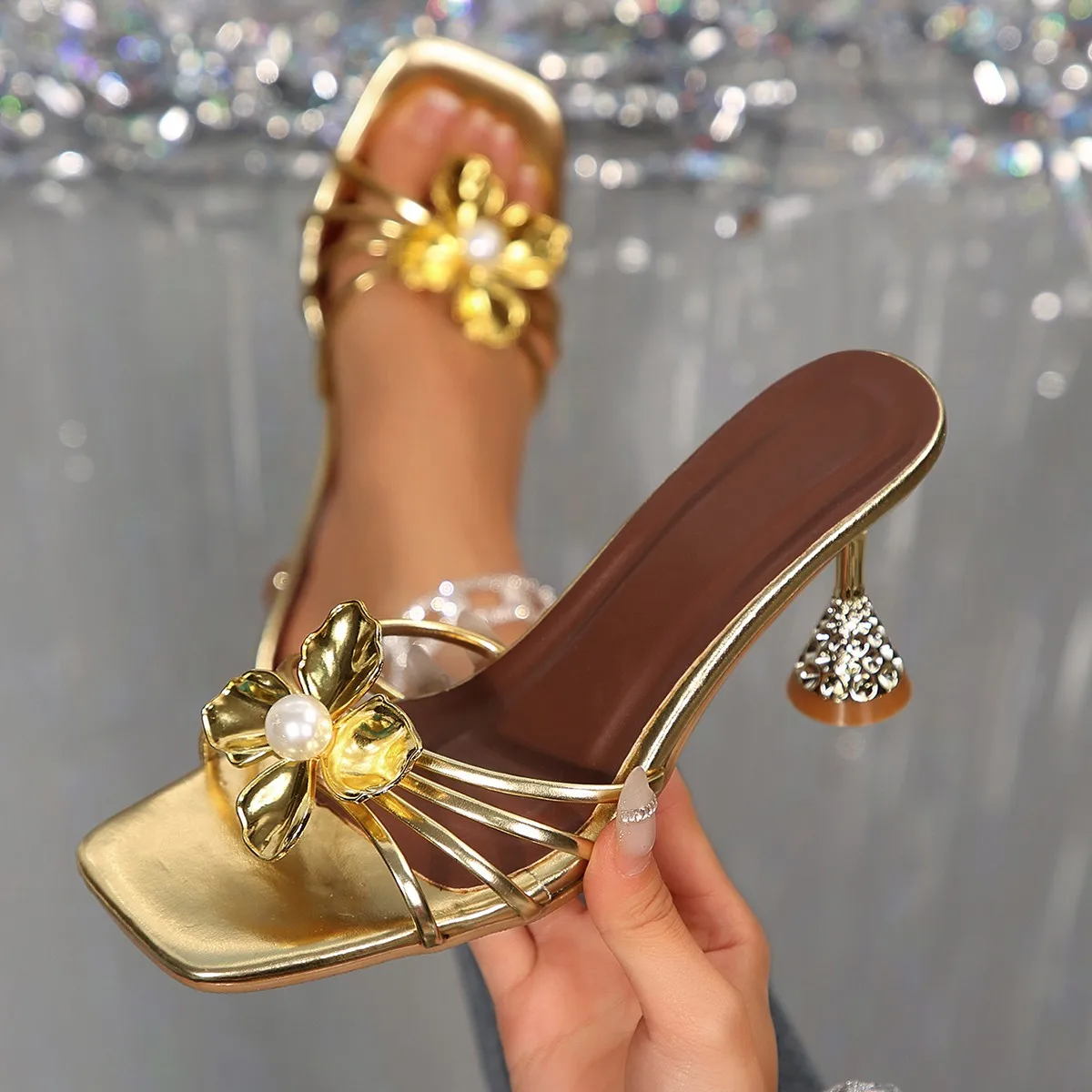 Metallic Heel Sandal - Sandálias Vintage de Metal com Flores