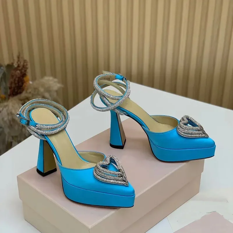 Metallic Heel Sandal - Plataforma de cristal amor decoração sandálias